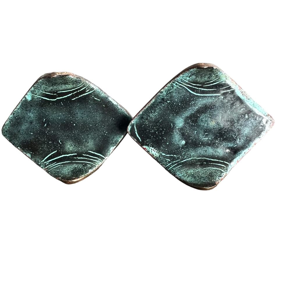 Vintage Glazed Green Funky Earthy Unique Bronze Tone Screw Back Earrings